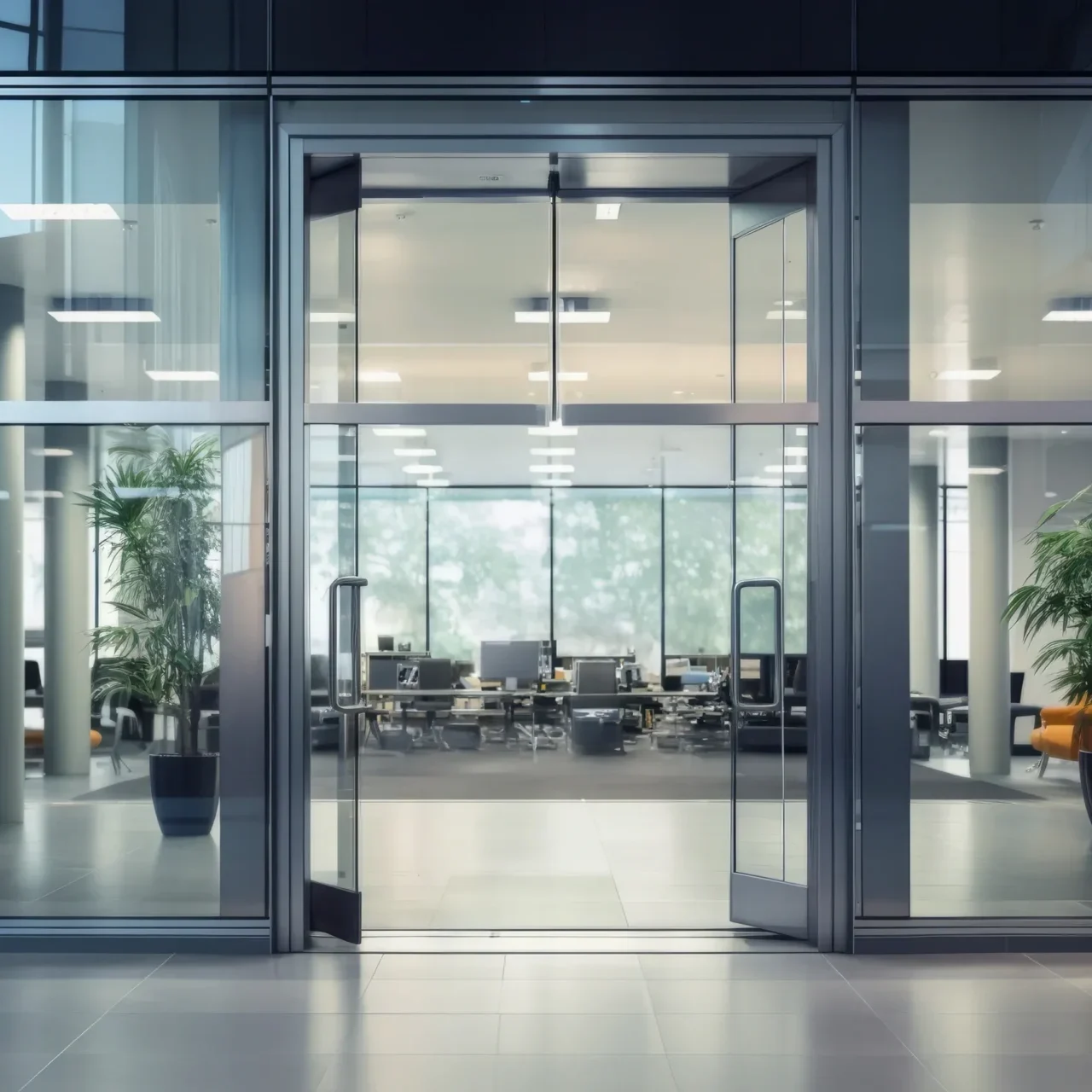 A large glass door leading to an office building.