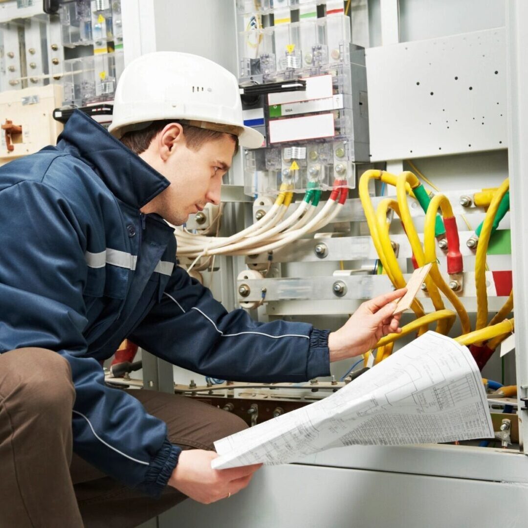 A man in blue jacket holding papers near wires.